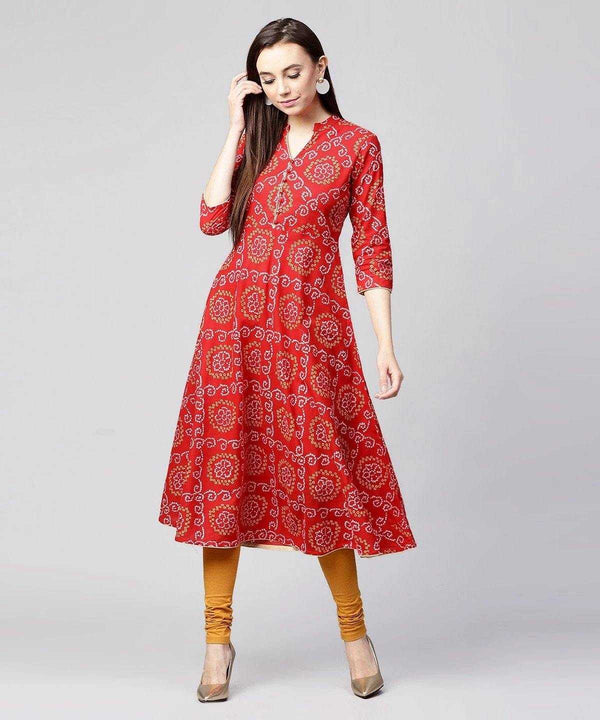 Red Cotton Bandhani Anarkali Kurta